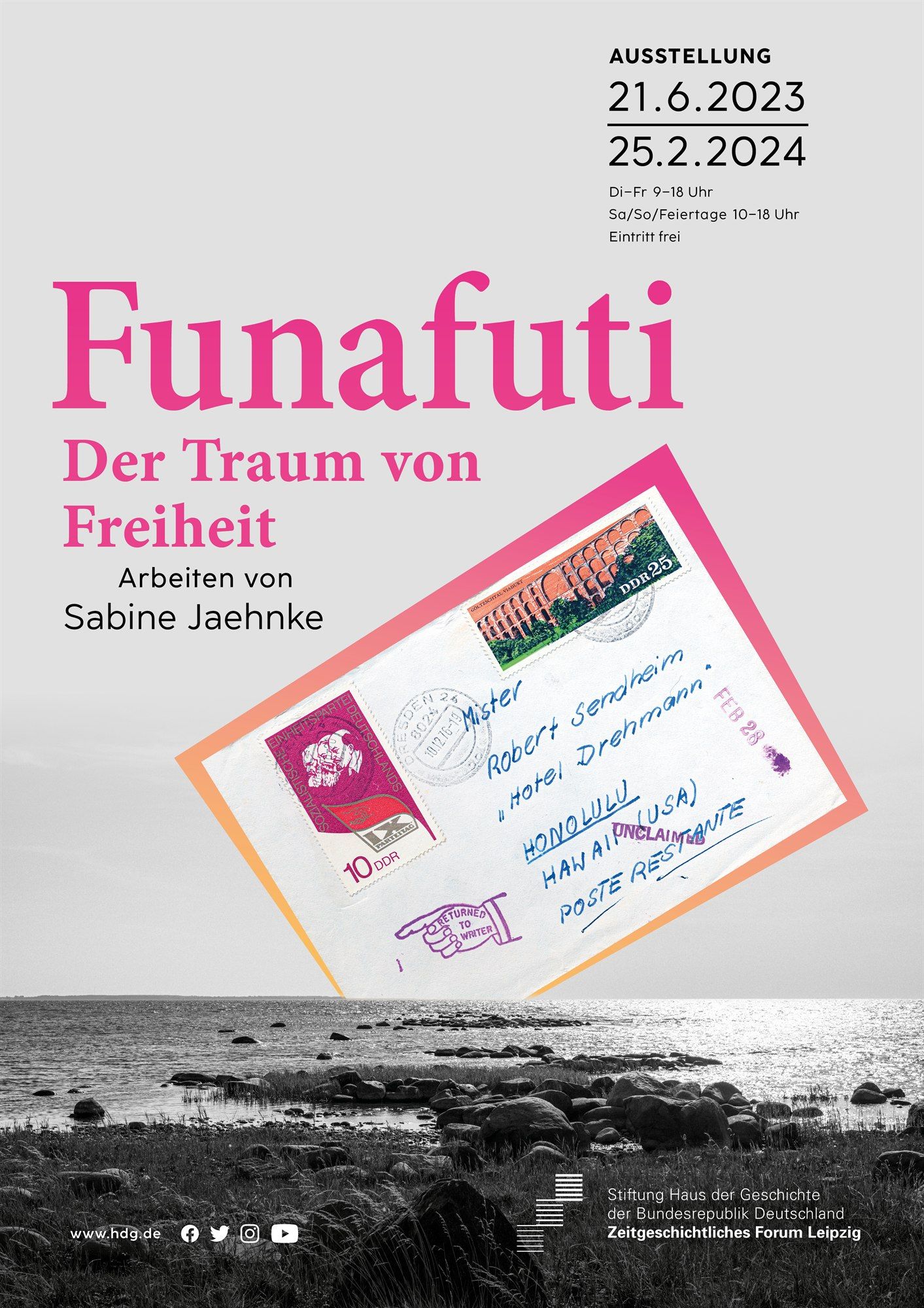 Ausstellungsplakat „Funafuti – Der Traum von Freiheit", Arbeiten von Sabine Jaehnke