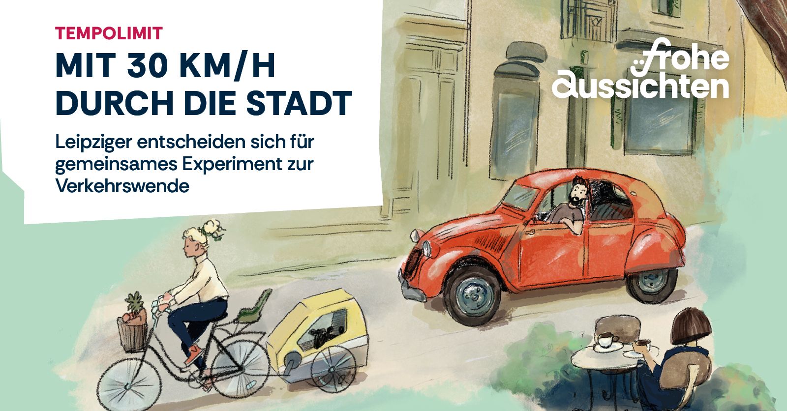 Kampagnen-Motiv „Mit 30 km/h durch die Stadt" — Aquarell-Illustration mit Lastenrad und Auto