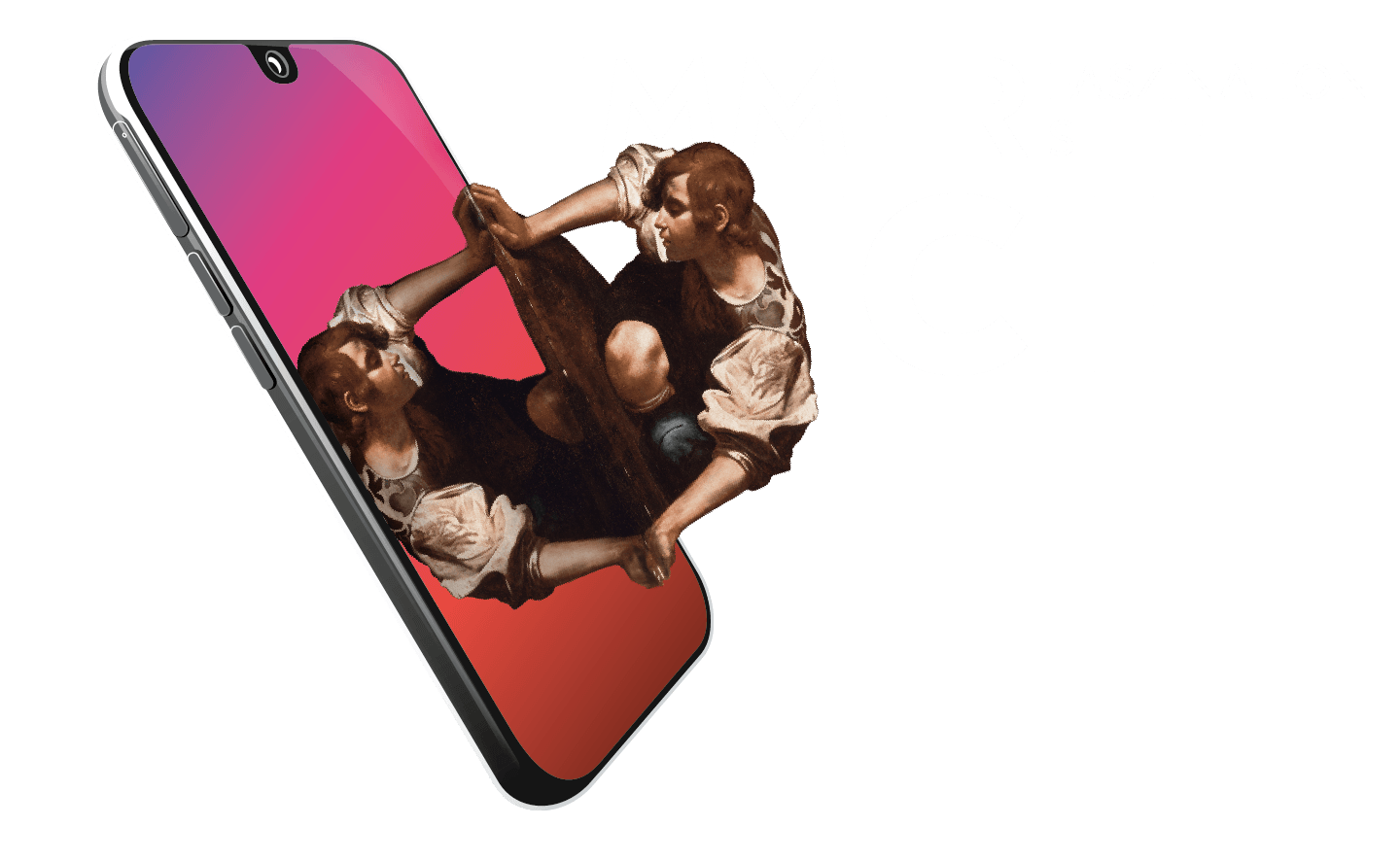 Plakatmotiv der Ausstellung ImmerIch: Caravaggios Narziss kippt aus dem Display eines Smartphones