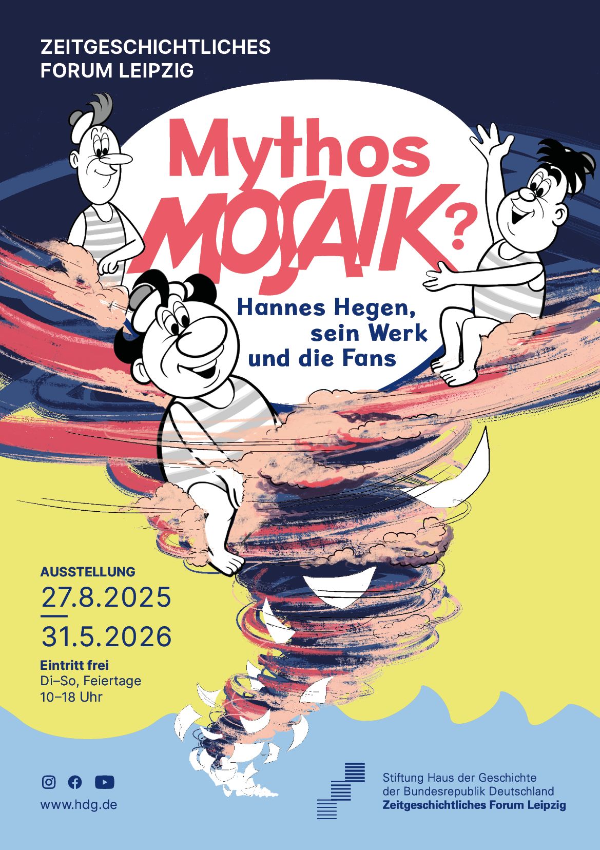 Ausstellungsplakat „Mythos Mosaik? Hannes Hegen, sein Werk und die Fans" mit den Digedags