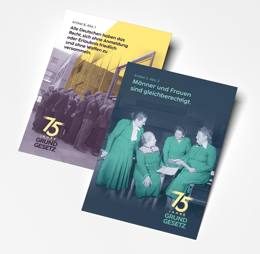 Kampagnen-Postkarten zu Artikel 8 (Versammlungsfreiheit) und Artikel 3 (Gleichberechtigung)