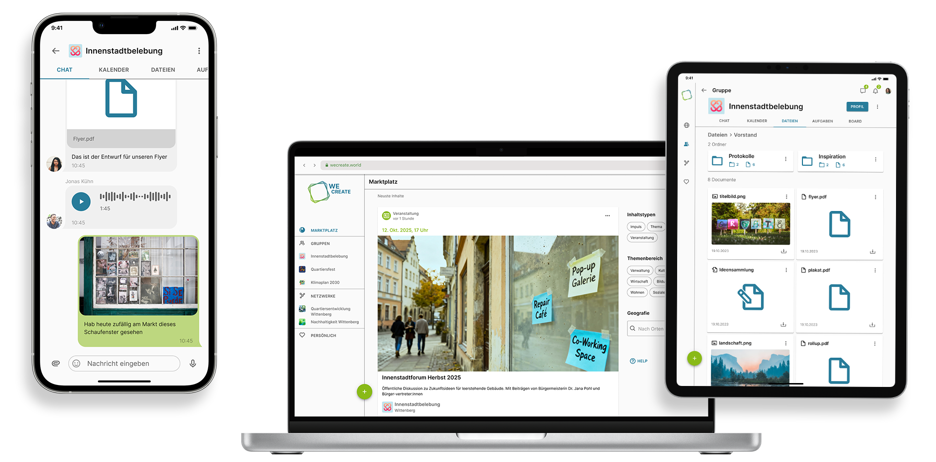Benutzeroberfläche der WeCreate-Plattform auf Smartphone, Laptop und Tablet