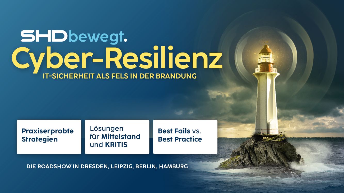 Keyvisual der SHD-Roadshow „Cyber-Resilienz — IT-Sicherheit als Fels in der Brandung" mit Leuchtturm-Motiv