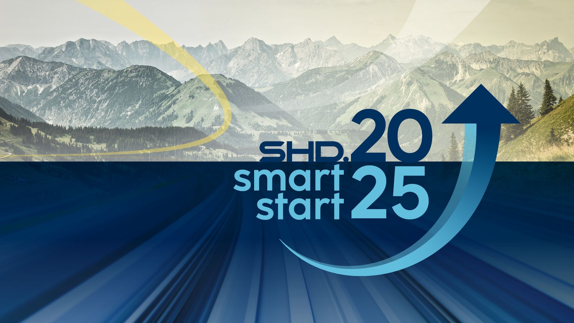 Keyvisual „SHD smart start 2025" — Bergpanorama mit aufsteigendem Pfeil