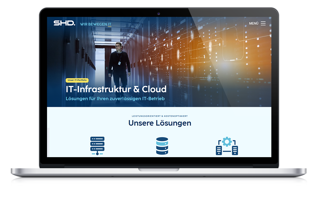 SHD-Website auf einem Laptop — Portfolioseite „IT-Infrastruktur & Cloud"